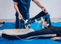 Patient on CPM machines. Continuous passive range of motion. Royalty Free Stock Photo