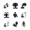 Patient with disability black glyph icons set on white space