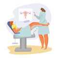 Patient on doctor appointment vector illustration, cartoon flat gynecologist examining woman in obstetrician cabinet
