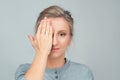 Patient doing an eye checkup. Woman closing her eye Royalty Free Stock Photo