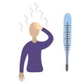 The patient has a fever and his forehead is hot. Steam comes from the person. Vector icon. Isolated white background. Flat style.