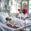 Patient in hospital bed with saline intravenous (IV) drip