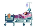 Patient in hospital bed under drip dropper isolate