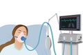 The patient lies on a hospital bed with an oxygen mask on a ventilator in critical condition. Royalty Free Stock Photo