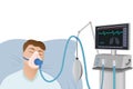 The patient lies on a hospital bed with an oxygen mask on a ventilator in critical condition. Royalty Free Stock Photo