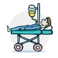 The patient lies on a hospital stroller under a dropper illustration