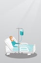 Patient lying in hospital bed with oxygen mask.