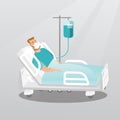 Patient lying in hospital bed with oxygen mask.