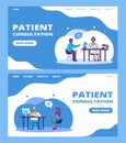 Patient at medical consultation by doctor line medicine banners set, vector illustration.