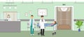 Patient on medical couch with two doctors in hospital reception. Vector illustration