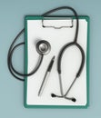 Patient medical record, stethoscope and pen. 3D illustration Royalty Free Stock Photo