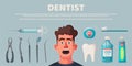 Patient with open mouth at dentist. Vector cartoon illustration. Funny character