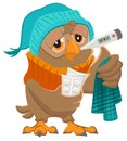 Patient owl holding thermometer and pills Royalty Free Stock Photo