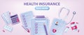 3D health insurance banner, vector family hospital healthcare safety polis concept, clipboard, bills.