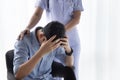 Patient receiving bad news. Female nurse give encouragement & console worrying patient