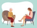 Patient at a reception at the psychotherapies. Elderly woman talking to psychotherapist Royalty Free Stock Photo