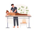 Patient at rehabilitation massage at chiropractors. Masseur physiotherapist osteopath treating back. Rehab therapy