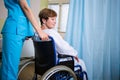 Patient sitting on wheel chair with nurse standing behind Royalty Free Stock Photo