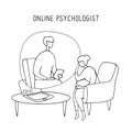 Patient talking to psychologist. Psychotherapy counseling. Online therapy session. Doodle vector graphic