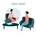 Patient talking to psychologist. Psychotherapy counseling. Online therapy session. Flat vector graphic Royalty Free Stock Photo