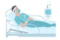 Patient on ventilator life-support wearing oxygen mask lying on hospital bed. Intensive care unit COVID disease