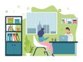 Patient visit doctor vector illustration, cartoon happy woman character visiting man physician in hospital cabinet