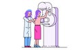 Patient visit doctor vector illustration, cartoon line flat woman character on checkup for breast diagnosis isolated on