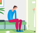 Patient waiting room doctor office. Young man expecting practitioner therapist to invite for examination diagnosis consultation. Royalty Free Stock Photo