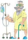 A patient walks with infusion dropper.