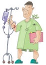 A patient walks with infusion dropper.