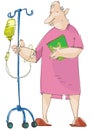 A patient walks with infusion dropper.