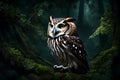 A patient, watchful owl perched in the heart of a dense, ancient forest, guardian of the night\'s secrets Royalty Free Stock Photo