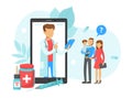 Patients Consultating with Family Male Doctor via Smartphone, Online Doctor Consultation Technology, Flat Vector Royalty Free Stock Photo