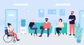 Patients people in doctors waiting room vector illustration, cartoon flat woman man characters in masks sit and wait for Royalty Free Stock Photo