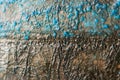 Patina and crystals of blue vitriol on copper plates anodes of galvanic installation close-up