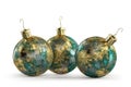 Patinated brass decorative Christmas balls. 3D Rendering