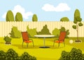 Patio area with cartoon table and chairs. Sunny courtyard area with green grass. Outdoor cartoon backyard background