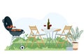 Patio area flat vector illustration. House backyard with cooking grill, green plants, trees. Garden modern furniture for Royalty Free Stock Photo