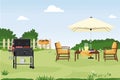 Patio area flat vector illustration. House backyard with green grass lawn, trees and bushes. Cartoon table and chairs Royalty Free Stock Photo