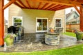 Patio area with tile floor and stone trimmed fire pit Royalty Free Stock Photo