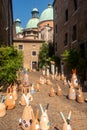 Patio with artsy ceramics, and a view of Treviso cathedral, Italy