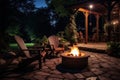 Patio bonfire scene incorporating wooden seatings garnished with greenery. Generate Ai