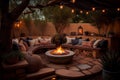 patio with cozy outdoor lounge area and firepit for warm nights