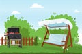 Patio flat vector illustration. Backyard of the house with BBQ, green lawn, trees and bushes. Veranda swing benchwith Royalty Free Stock Photo