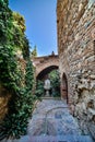 Patio with fountain and plants. Interior of the Alcazaba arab castle in Malaga,