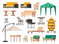 Patio furniture. Summer terrace chair table sofa umbrella, garden and veranda lounge icons with backyard barbecue grill