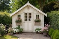 Patio garden shed with flowers. Generate Ai