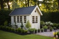 Patio garden shed green grass. Generate Ai