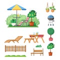patio outdoor. bbq backyard constructor template creation kit with tables bushes and furniture. Vector illustrations