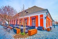 Patio of the restaurant on Fo ter (Main square) in Obuda district, Budapest, Hungary Royalty Free Stock Photo